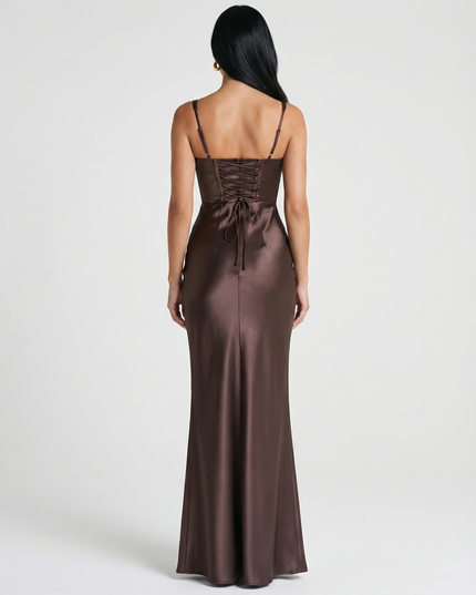 Woman wearing satin corset maxi dress