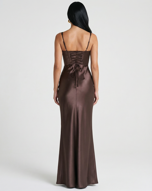 Woman wearing satin corset maxi dress