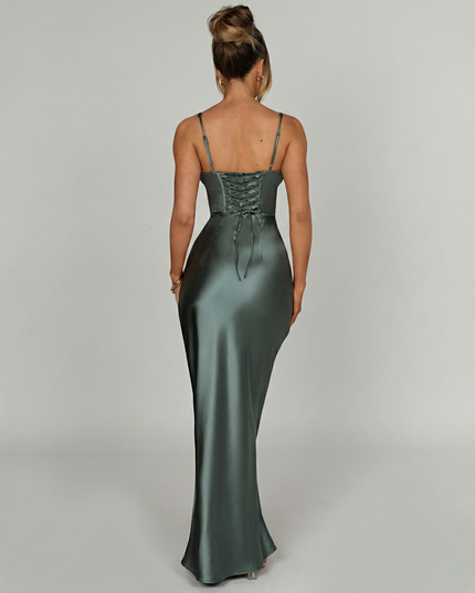 Woman wearing satin corset maxi dress