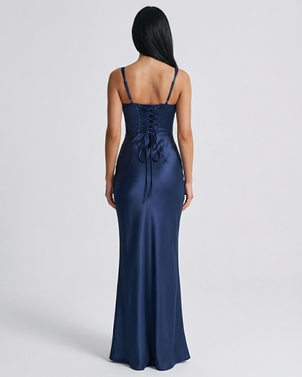Woman wearing satin corset maxi dress