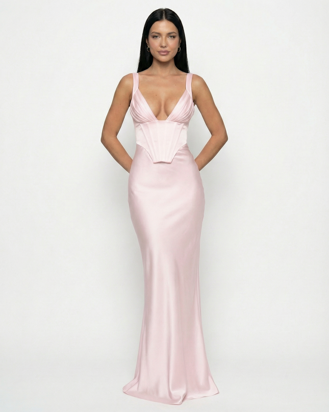 Woman wearing satin corset maxi dress