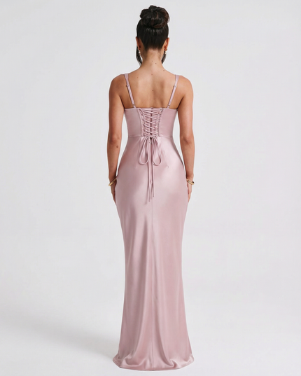 Woman wearing satin corset maxi dress