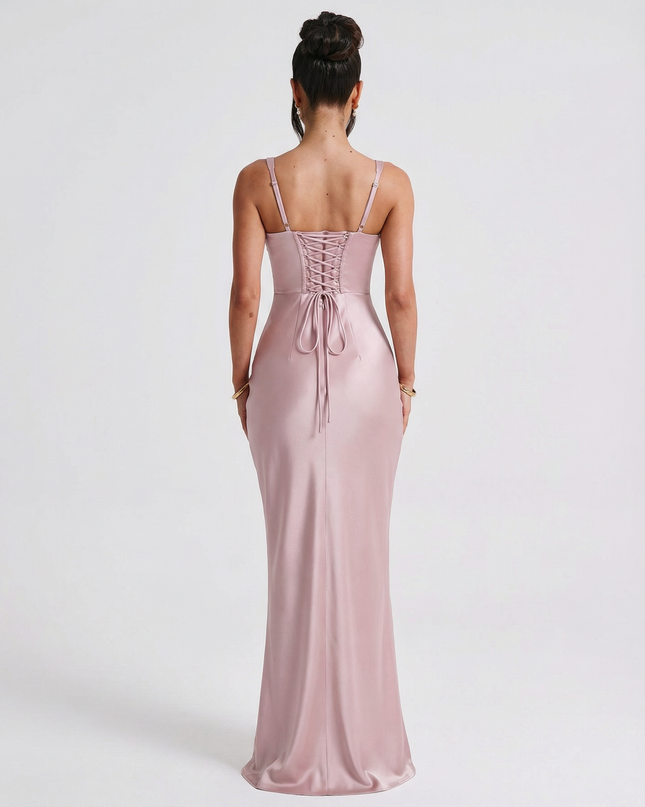 Woman wearing satin corset maxi dress