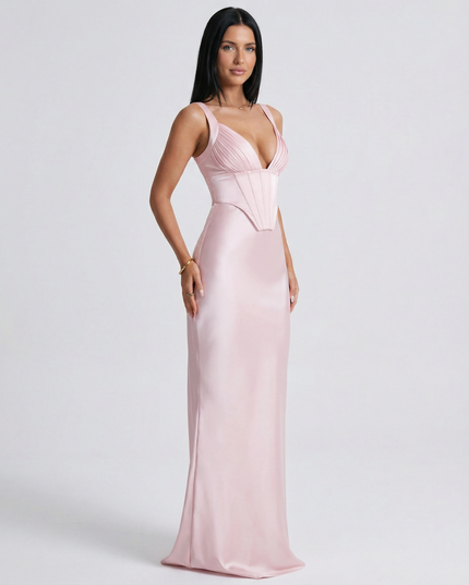Woman wearing satin corset maxi dress