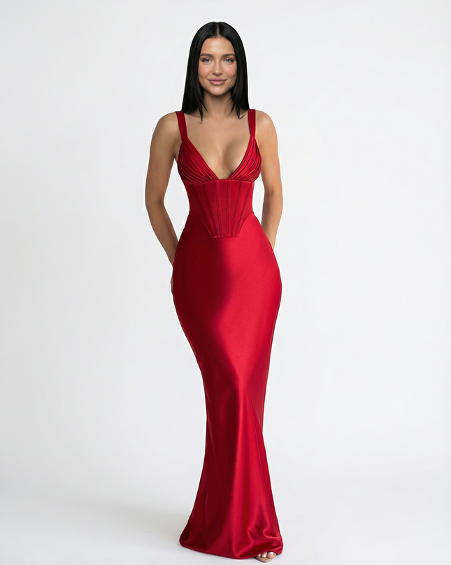 Woman wearing satin corset maxi dress