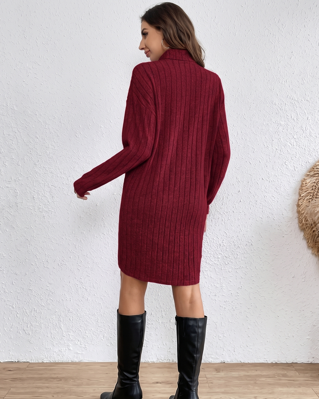Woman wearing ribbed knit mini dress