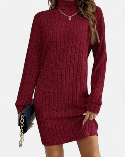 Woman wearing ribbed knit mini dress