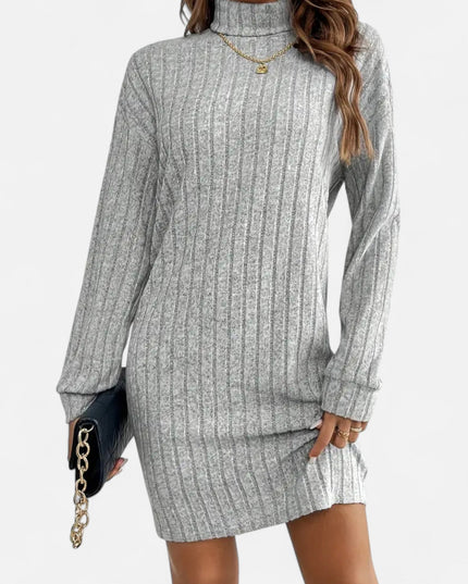 Woman wearing ribbed knit mini dress