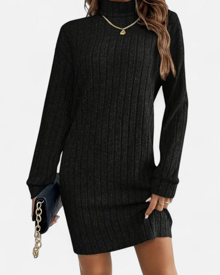 Woman wearing ribbed knit mini dress