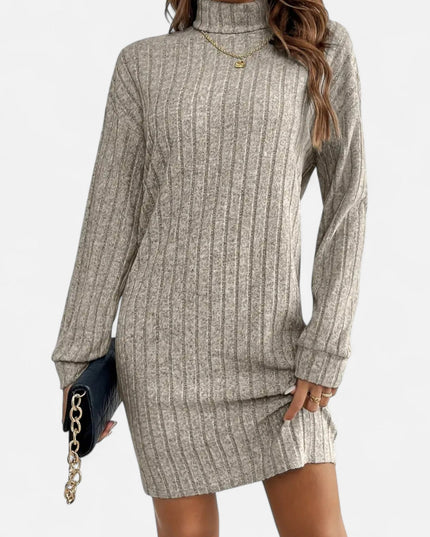 Woman wearing ribbed knit mini dress