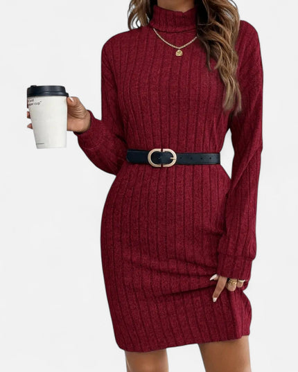 Woman wearing ribbed knit mini dress