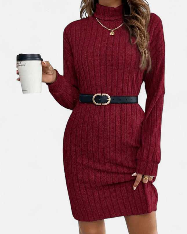 Woman wearing ribbed knit mini dress