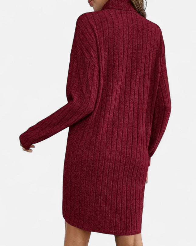 Woman wearing ribbed knit mini dress