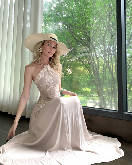 Solene Duvivier | Floral Lace Halter Pleated Maxi Dress
