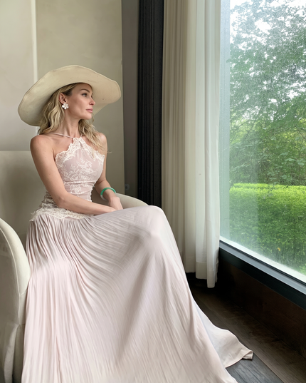 Solene Duvivier | Floral Lace Halter Pleated Maxi Dress