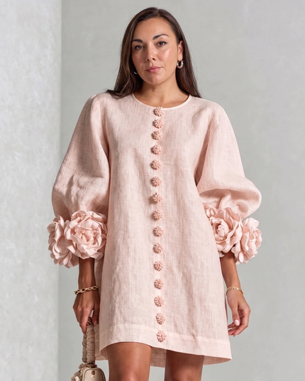 Camille Rousseau | Rosette Cuff Balloon Sleeve Linen Shift Dress