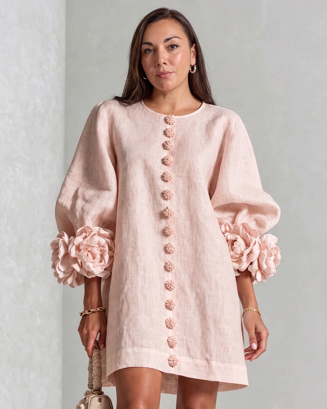 Camille Rousseau | Rosette Cuff Balloon Sleeve Linen Shift Dress