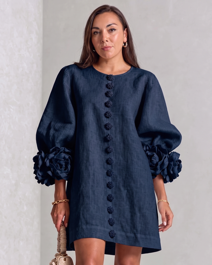 Camille Rousseau | Rosette Cuff Balloon Sleeve Linen Shift Dress