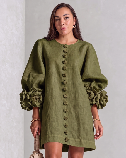 Camille Rousseau | Rosette Cuff Balloon Sleeve Linen Shift Dress