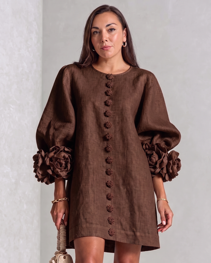 Camille Rousseau | Rosette Cuff Balloon Sleeve Linen Shift Dress
