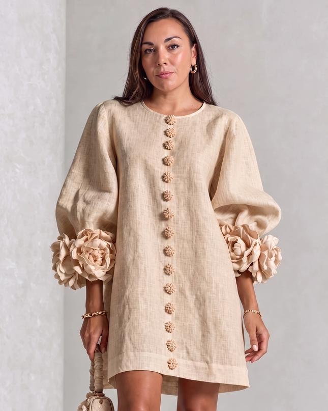 Camille Rousseau | Rosette Cuff Balloon Sleeve Linen Shift Dress