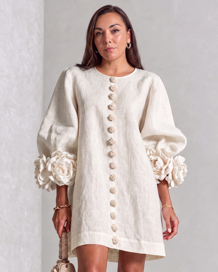 Camille Rousseau | Rosette Cuff Balloon Sleeve Linen Shift Dress