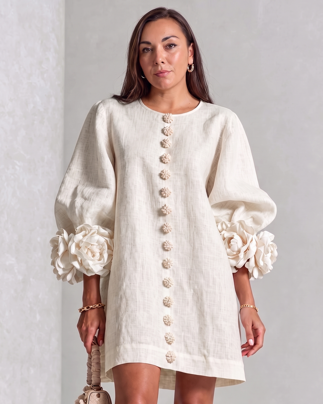 Camille Rousseau | Rosette Cuff Balloon Sleeve Linen Shift Dress