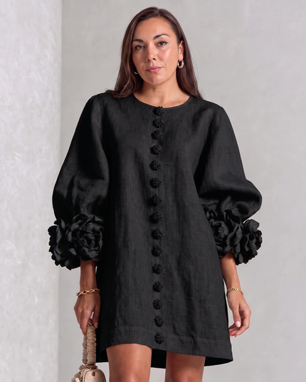 Camille Rousseau | Rosette Cuff Balloon Sleeve Linen Shift Dress