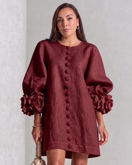 Camille Rousseau | Rosette Cuff Balloon Sleeve Linen Shift Dress
