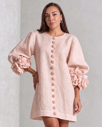 Camille Rousseau | Rosette Cuff Balloon Sleeve Linen Shift Dress