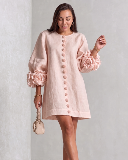 Camille Rousseau | Rosette Cuff Balloon Sleeve Linen Shift Dress