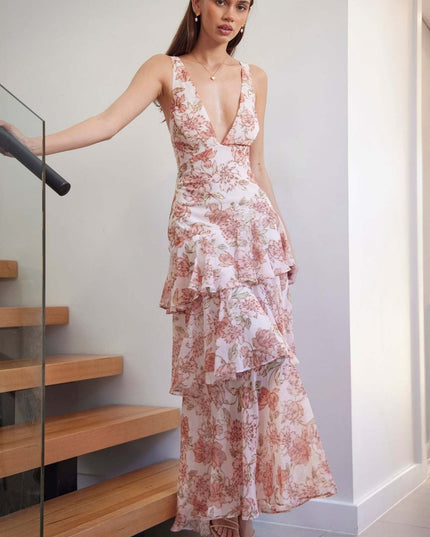 Flora Vasseur | Romantic Ruffle Maxi Dress with Floral Print