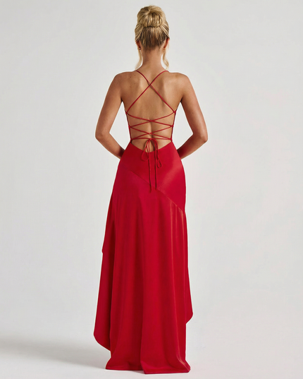 Woman wearing satin high low maxi dress