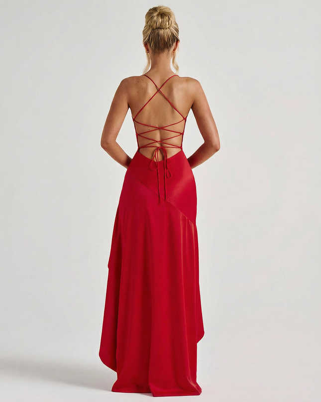 Woman wearing satin high low maxi dress