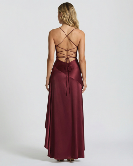 Woman wearing satin high low maxi dress
