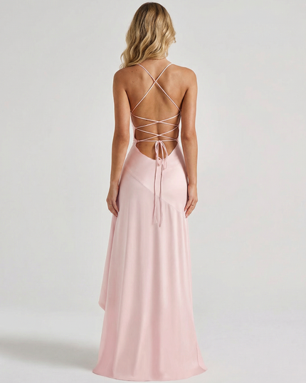 Woman wearing satin high low maxi dress