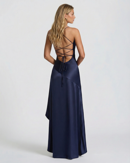 Woman wearing satin high low maxi dress