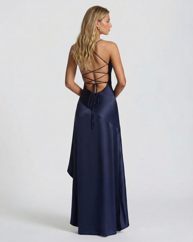 Woman wearing satin high low maxi dress