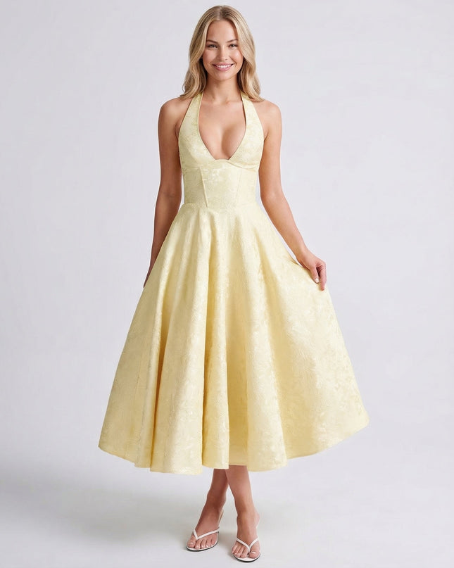 Woman wearing vintage halter midi dress