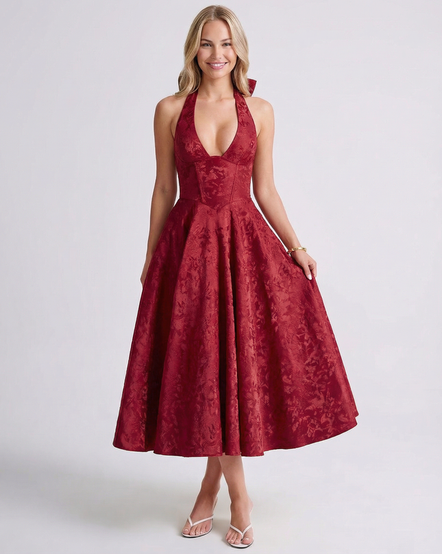 Woman wearing vintage halter midi dress