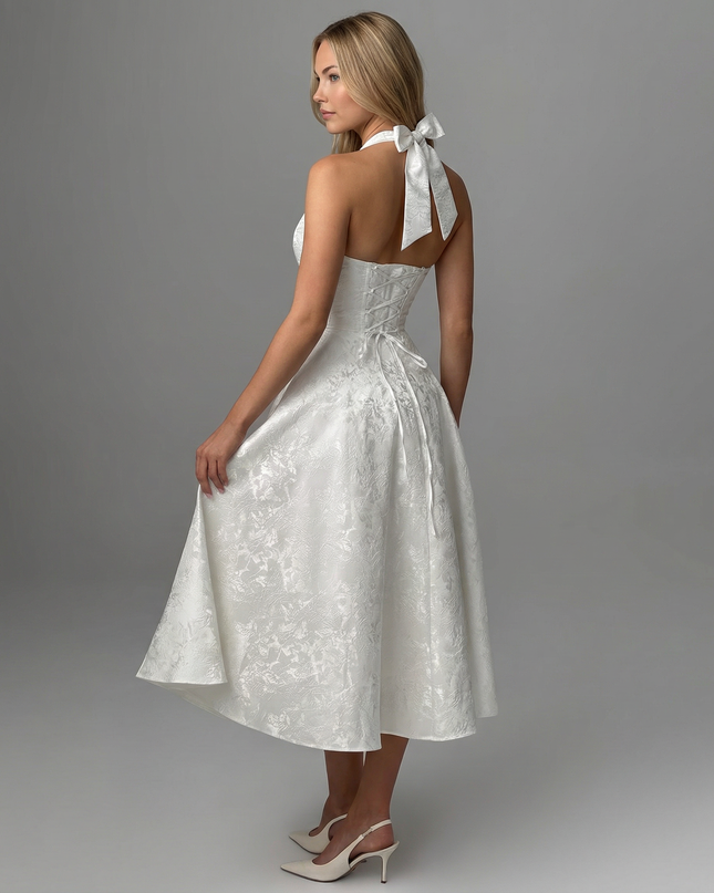 Woman wearing vintage halter midi dress
