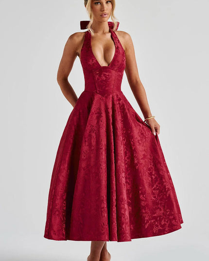 Woman wearing vintage halter midi dress