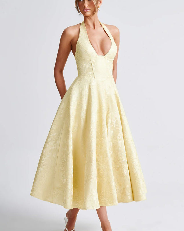 Woman wearing vintage halter midi dress