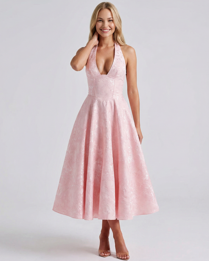 Woman wearing vintage halter midi dress