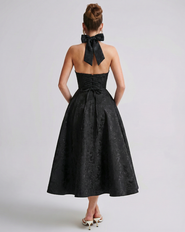 Woman wearing vintage halter midi dress