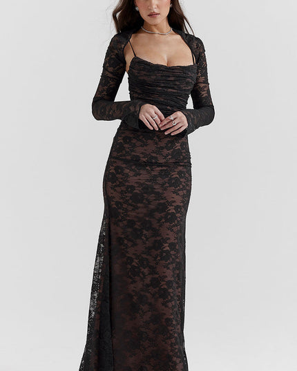 Woman wearing elegant lace maxi dress