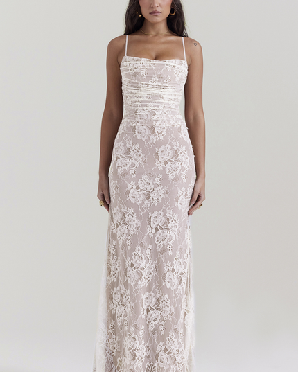 Woman wearing elegant lace maxi dress