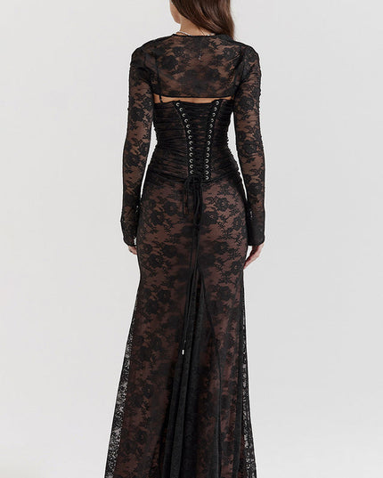Woman wearing elegant lace maxi dress