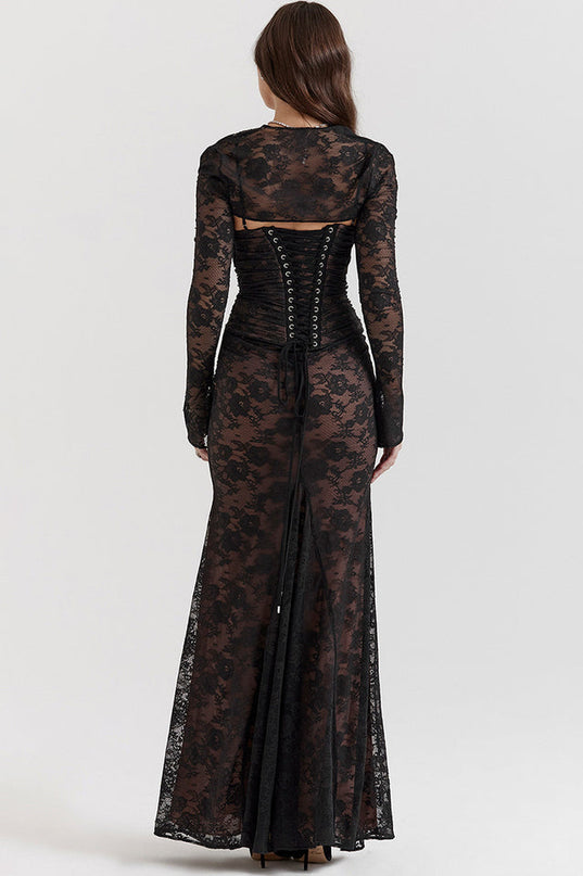 Woman wearing elegant lace maxi dress