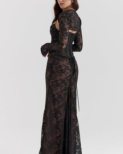 Woman wearing elegant lace maxi dress